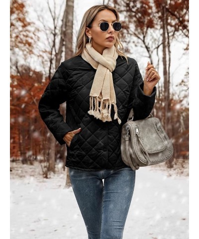 Womens Quilted Jackets Long Sleeve Button Down Bomber Jackets with Pockets Casual Winter Lounge Cotton Wear Black $18.89 Jackets