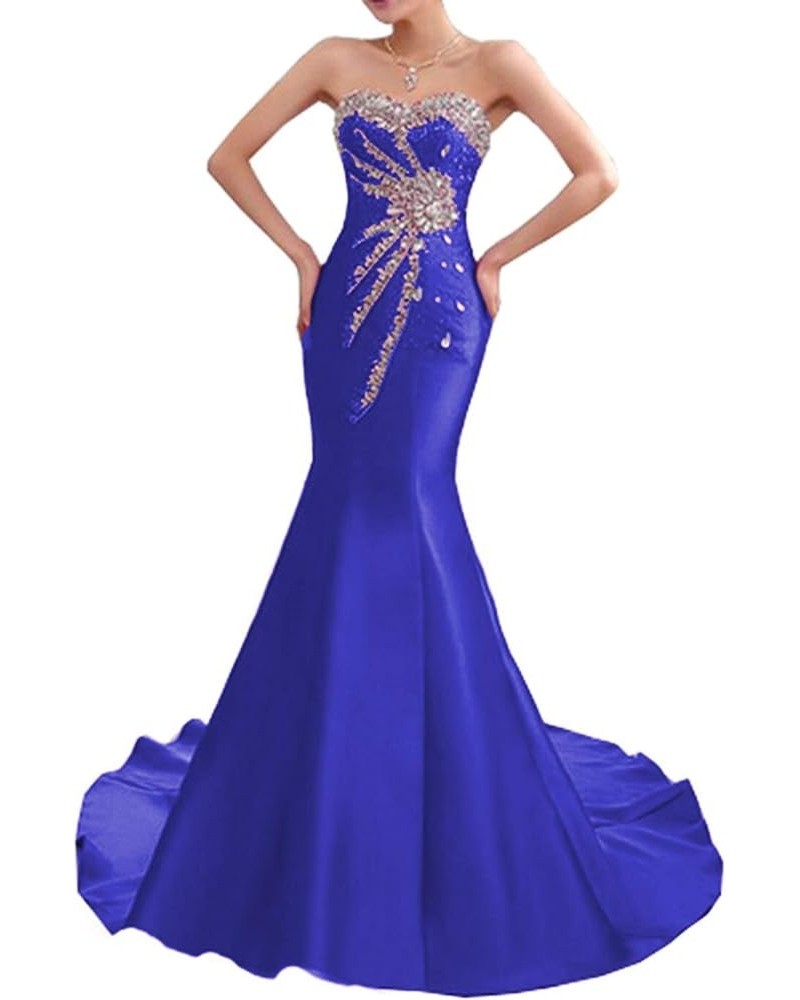 Women's Strapless Mermaid Evening Dress Beaded Rhinestones Stain Formal Prom Dress Royal Blue $43.25 Dresses