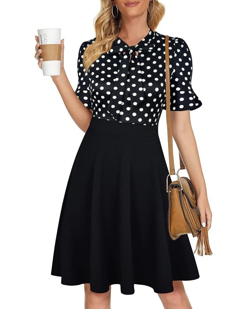 Womens Summer Bow Tie Neck Semi Formal Ruffle Sleeve Church Office Wedding Guest Work Dresses 0 Black Dot $17.48 Dresses