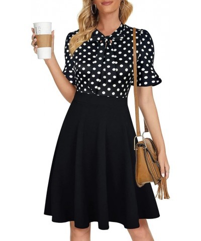 Womens Summer Bow Tie Neck Semi Formal Ruffle Sleeve Church Office Wedding Guest Work Dresses 0 Black Dot $17.48 Dresses