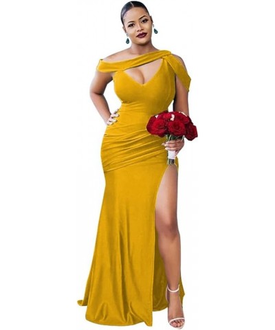 One Shoulder Mermaid Prom Dresses Long for Women Slit Satin Ruched Bridesmaid Dresses Mustard Yellow $36.17 Dresses