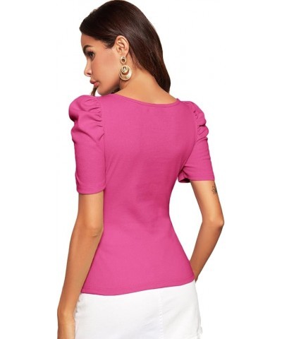 Women's Puff Sleeve Square Neck Short Sleeve Elegant Tee Top Hot Pink $14.83 T-Shirts