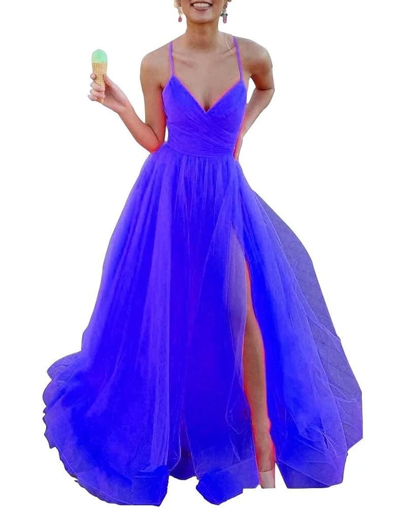 Women's Tulle Bridesmaid Dress Long V Neck A Line Formal Evening Gown with Slit Ball Gown RPM219 Royal Blue $39.95 Dresses