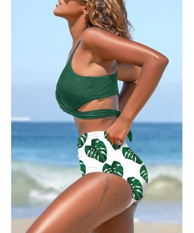 Women's High Waisted Bikini Sets Criss Cross Ruched Two Pieces Push Up Swimsuits Dark Green $18.80 Swimsuits