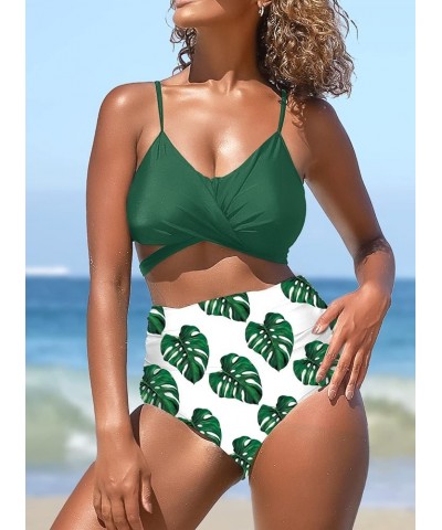 Women's High Waisted Bikini Sets Criss Cross Ruched Two Pieces Push Up Swimsuits Dark Green $18.80 Swimsuits