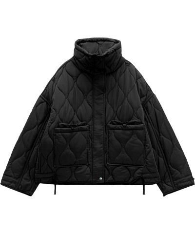 Women's Oversized Quilted Puffer Jacket Stand Collar Zip Up Lightweight Cropped Padded Winter Coat with Pockets Black $24.75 ...