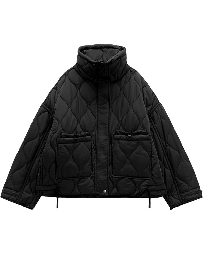 Women's Oversized Quilted Puffer Jacket Stand Collar Zip Up Lightweight Cropped Padded Winter Coat with Pockets Black $24.75 ...