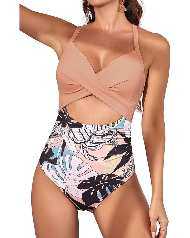 Women's One Piece Swimsuits Tummy Control Cutout High Waisted Bathing Suit Wrap Tie Back 1 Piece Swimsuit Pink Floral Printed...