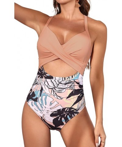 Women's One Piece Swimsuits Tummy Control Cutout High Waisted Bathing Suit Wrap Tie Back 1 Piece Swimsuit Pink Floral Printed...