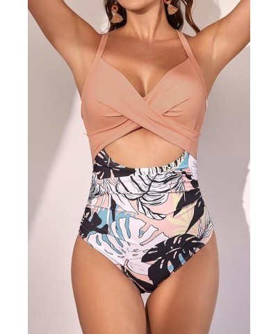 Women's One Piece Swimsuits Tummy Control Cutout High Waisted Bathing Suit Wrap Tie Back 1 Piece Swimsuit Pink Floral Printed...