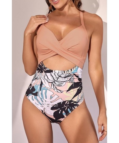 Women's One Piece Swimsuits Tummy Control Cutout High Waisted Bathing Suit Wrap Tie Back 1 Piece Swimsuit Pink Floral Printed...