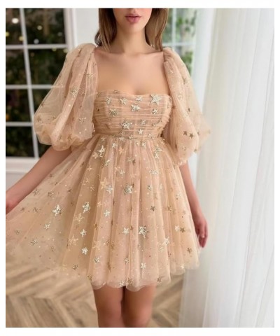 Women's Sparkly Starry Tulle Prom Dresses Puffy Sleeve Long Glitter Star Tea Length Formal Evening Party Gown Knee Length-roy...