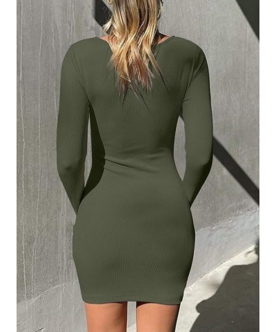 Womens Ruched Ribbed Bodycon Dress Long Sleeve Scoop Neck Slim Fit Mini Dresses D Green $18.55 Dresses