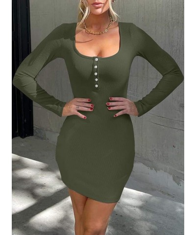 Womens Ruched Ribbed Bodycon Dress Long Sleeve Scoop Neck Slim Fit Mini Dresses D Green $18.55 Dresses