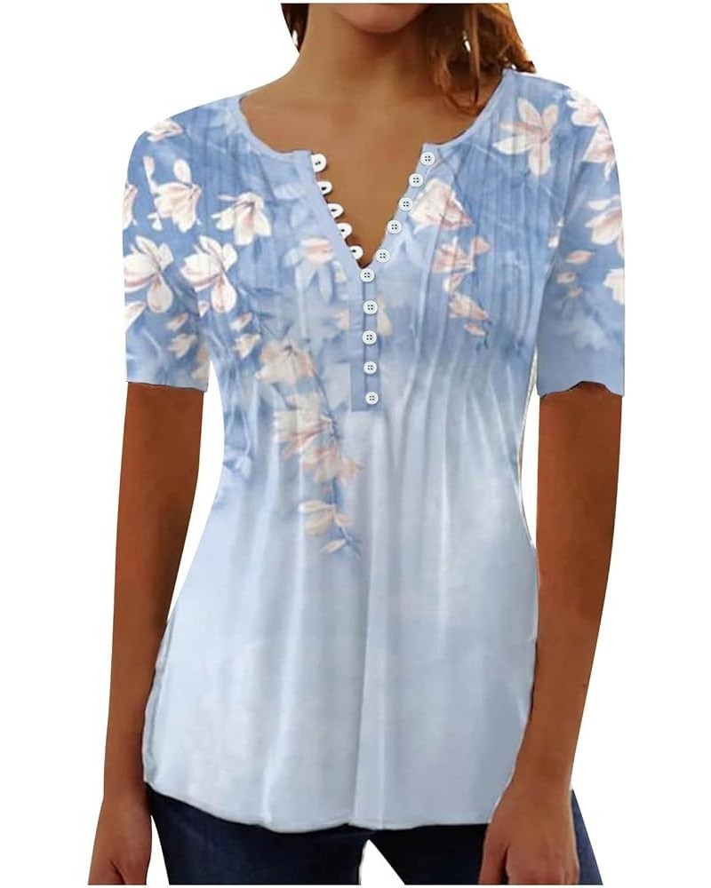 Shirts for Women Trendy,Women Floral Pattern Plus Size Blouses for Women V-Neck Short Sleeve Comfy Dressy Tshirts Blue-5 $8.4...