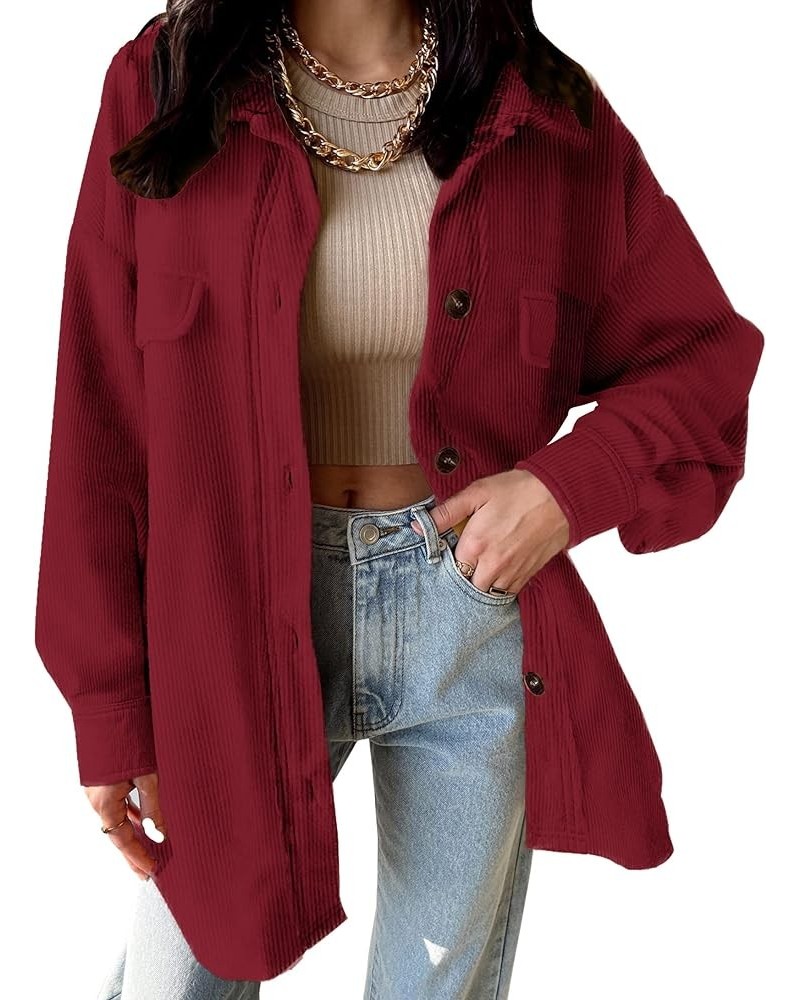 Womens Corduroy Shacket Blouses Button Down Shirts Pocket Long Sleeves Tops Jacket Coats Red $21.31 Jackets