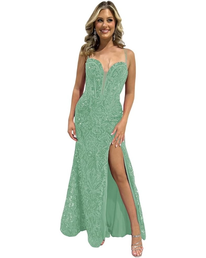 Women's Lace Prom Dresses with Slit Spaghetti Straps Long Applique Tulle Sweetheart Formal Evening Gowns DE53 Dusty Green $26...