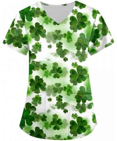 St Patricks Day Scrub Tops for Women Irish Print Medical Scrubs with Pocket Short Sleeve V Neck Holiday Uniforms 09-st Patric...