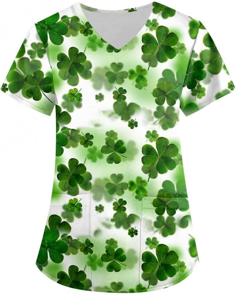 St Patricks Day Scrub Tops for Women Irish Print Medical Scrubs with Pocket Short Sleeve V Neck Holiday Uniforms 09-st Patric...