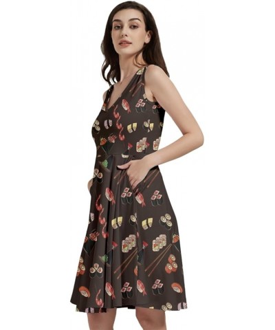 Womens Summer Sun Dress Japanese Style Sushi Goldfish Fan Dragon Fuji Pattern Skater Dress, XS-5XL Vneck Dark Sienna $16.19 O...