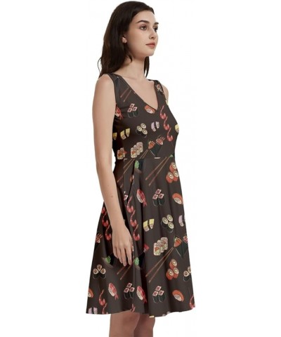 Womens Summer Sun Dress Japanese Style Sushi Goldfish Fan Dragon Fuji Pattern Skater Dress, XS-5XL Vneck Dark Sienna $16.19 O...