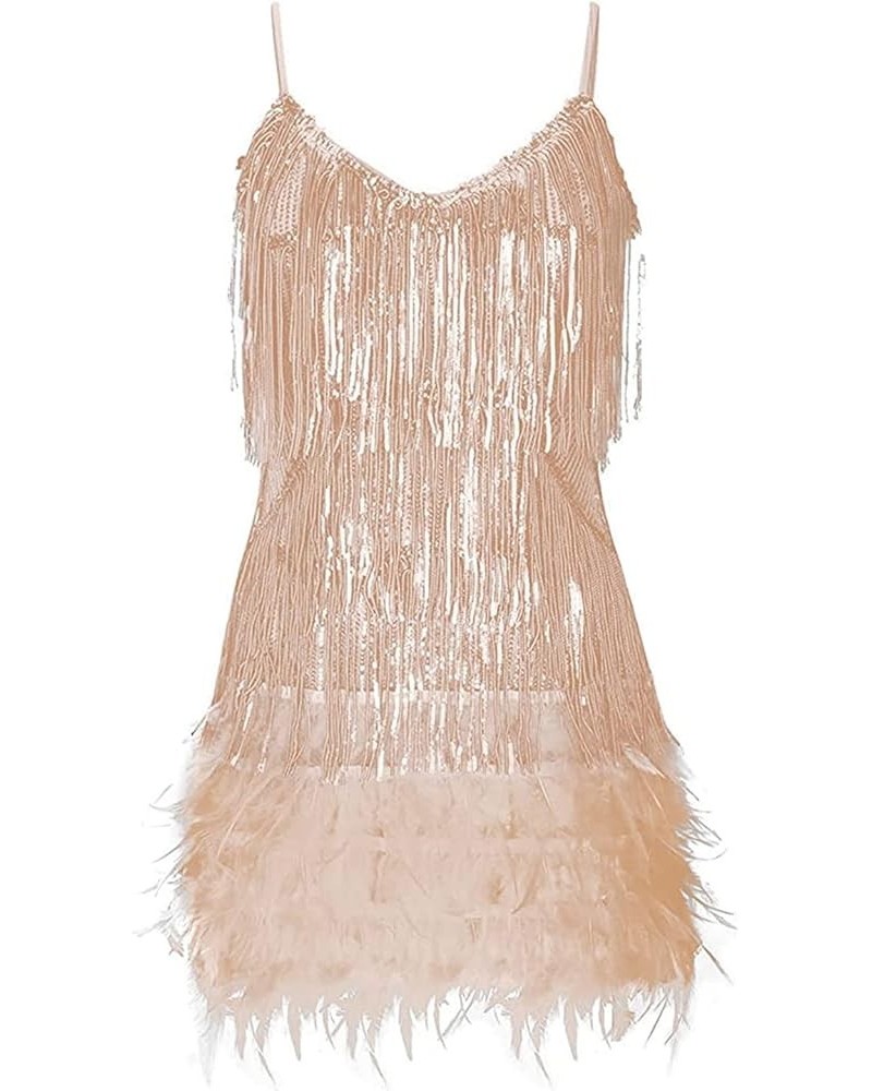 Women's Inspired Sequins Embellished Fringe Gatsby 1920s V Neck Club Prom Dress Z-beige $28.60 Dresses