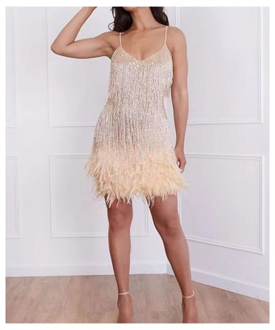 Women's Inspired Sequins Embellished Fringe Gatsby 1920s V Neck Club Prom Dress Z-beige $28.60 Dresses