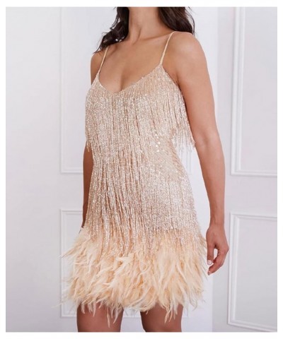 Women's Inspired Sequins Embellished Fringe Gatsby 1920s V Neck Club Prom Dress Z-beige $28.60 Dresses