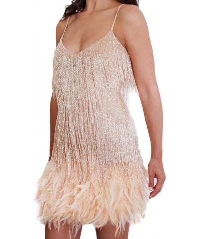 Women's Inspired Sequins Embellished Fringe Gatsby 1920s V Neck Club Prom Dress Z-beige $28.60 Dresses