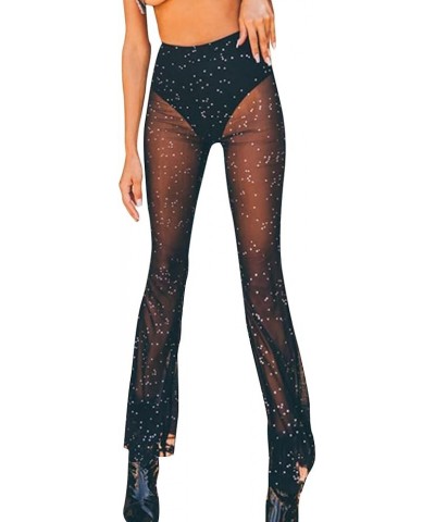 Women's Gothic Black Pants Alt Grunge Bottoms High Waisted Boho Hippie Mesh Pants Sheer Sparkle Sexy See Through Goth $20.34 ...