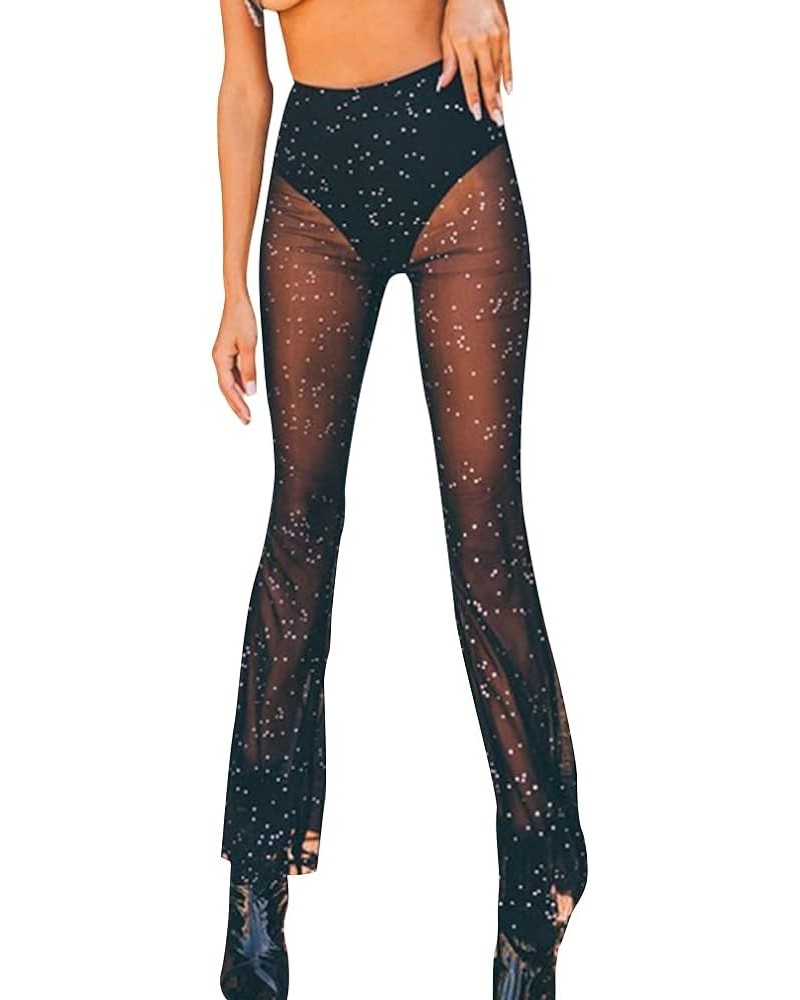 Women's Gothic Black Pants Alt Grunge Bottoms High Waisted Boho Hippie Mesh Pants Sheer Sparkle Sexy See Through Goth $20.34 ...