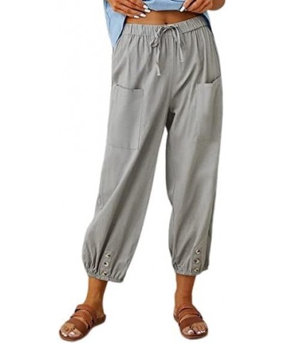 Women's Plus Size Capri Pants High Waist Drawstring Cinch Cotton Linen Casual Button Trouser with Pockets Light Grey $13.99 P...