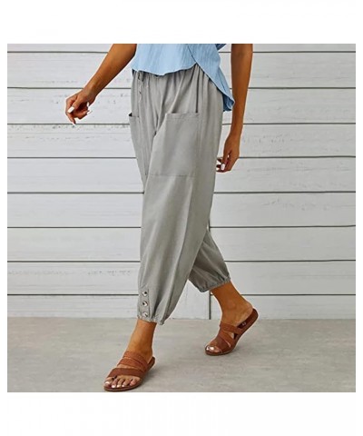 Women's Plus Size Capri Pants High Waist Drawstring Cinch Cotton Linen Casual Button Trouser with Pockets Light Grey $13.99 P...