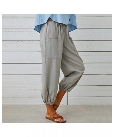 Women's Plus Size Capri Pants High Waist Drawstring Cinch Cotton Linen Casual Button Trouser with Pockets Light Grey $13.99 P...