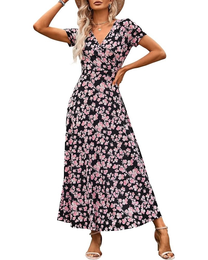 Women's Short Sleeve Wrap V Neck Dresses for Wedding Guest Summer Floral Maxi Sundresses with Pockets Boho Dress 2024 Black F...