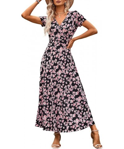 Women's Short Sleeve Wrap V Neck Dresses for Wedding Guest Summer Floral Maxi Sundresses with Pockets Boho Dress 2024 Black F...