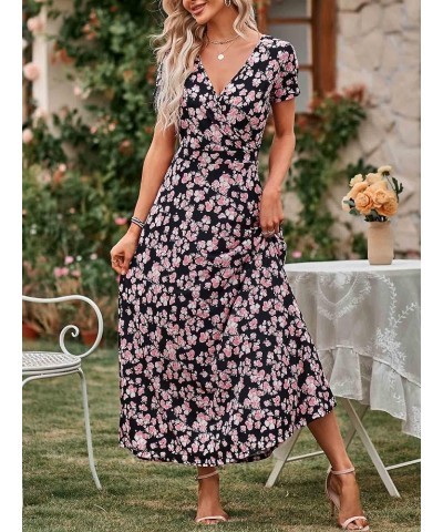 Women's Short Sleeve Wrap V Neck Dresses for Wedding Guest Summer Floral Maxi Sundresses with Pockets Boho Dress 2024 Black F...