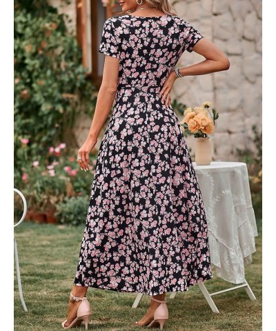 Women's Short Sleeve Wrap V Neck Dresses for Wedding Guest Summer Floral Maxi Sundresses with Pockets Boho Dress 2024 Black F...