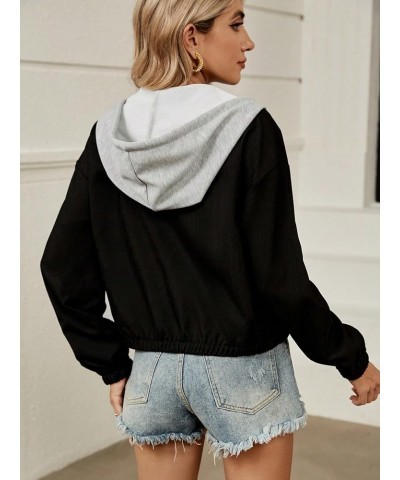 Women's Color Block Zip Up Drawstring Long Sleeve Casual Hooded Jacket Black $16.81 Jackets