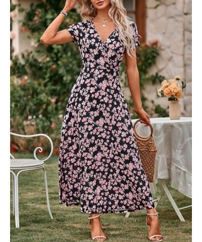 Women's Short Sleeve Wrap V Neck Dresses for Wedding Guest Summer Floral Maxi Sundresses with Pockets Boho Dress 2024 Black F...