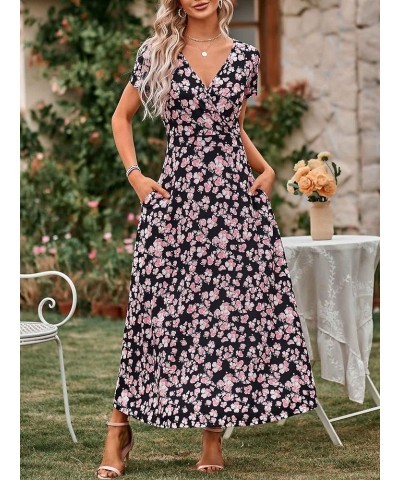 Women's Short Sleeve Wrap V Neck Dresses for Wedding Guest Summer Floral Maxi Sundresses with Pockets Boho Dress 2024 Black F...