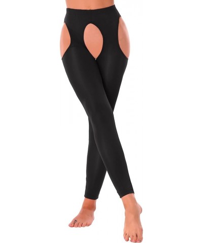 Women Sexy Hollow Out Stretchy Open Crotch Leggings Glossy Skinny High Elastic Pencil Pants Black $14.39 Leggings