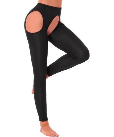 Women Sexy Hollow Out Stretchy Open Crotch Leggings Glossy Skinny High Elastic Pencil Pants Black $14.39 Leggings