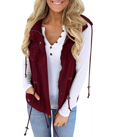Womens Military Safari Camo Vest Utility Lightweight Sleeveless Hooded Drawstring Jackets with Pockets Red Wine $26.87 Vests