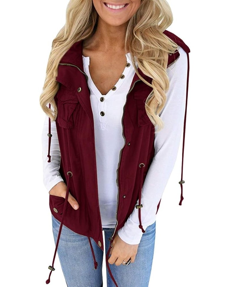 Womens Military Safari Camo Vest Utility Lightweight Sleeveless Hooded Drawstring Jackets with Pockets Red Wine $26.87 Vests