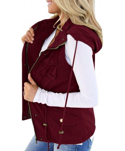 Womens Military Safari Camo Vest Utility Lightweight Sleeveless Hooded Drawstring Jackets with Pockets Red Wine $26.87 Vests