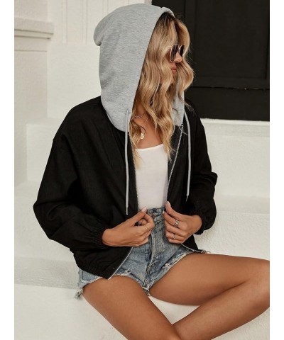 Women's Color Block Zip Up Drawstring Long Sleeve Casual Hooded Jacket Black $16.81 Jackets