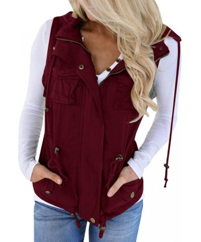 Womens Military Safari Camo Vest Utility Lightweight Sleeveless Hooded Drawstring Jackets with Pockets Red Wine $26.87 Vests