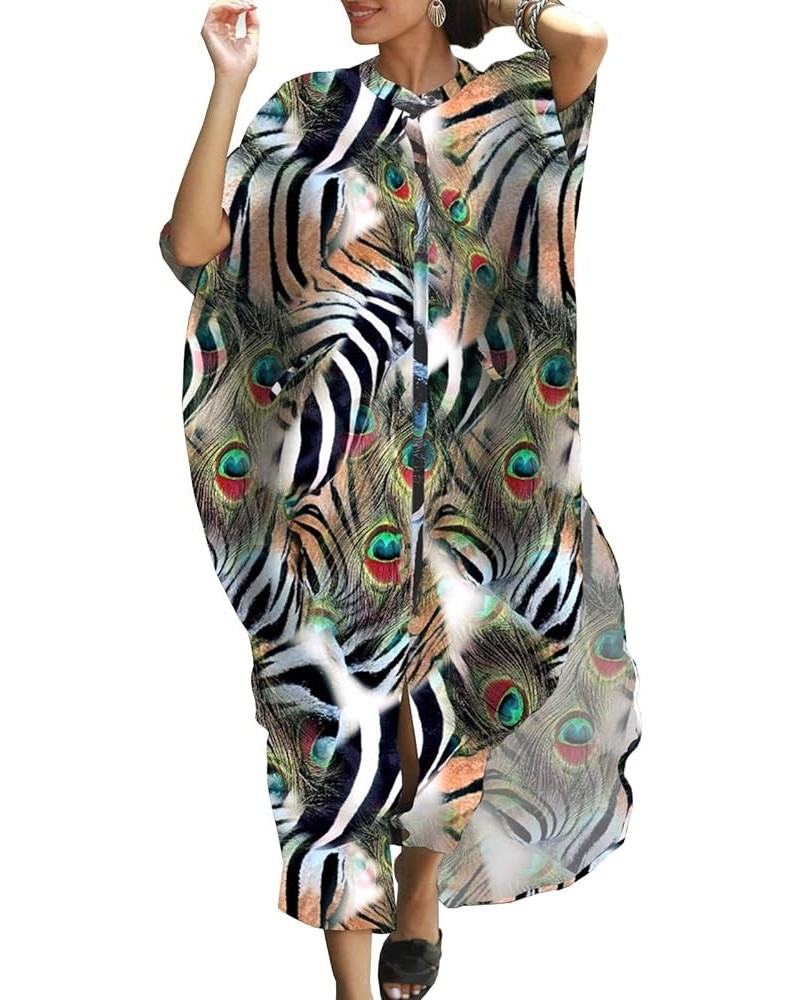 Women Casual Loose Lightweight V Neck Button Down Kimono Cover Up Kaftan Dress Peacock Feathers $15.84 Blouses