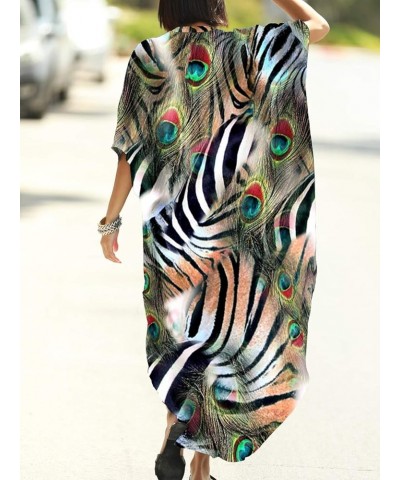 Women Casual Loose Lightweight V Neck Button Down Kimono Cover Up Kaftan Dress Peacock Feathers $15.84 Blouses